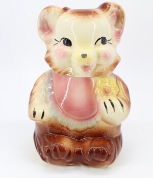 Vintage 1950s American Bisque Teddy Bear Cookie Jar Hand Painted Ceramic 11”